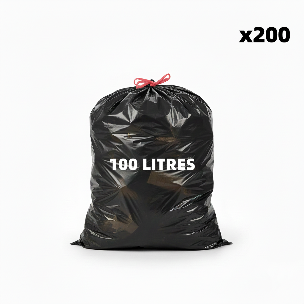 Sac poubelle à lien coulissant - 100L - Noir - 200 sacs - 34µ