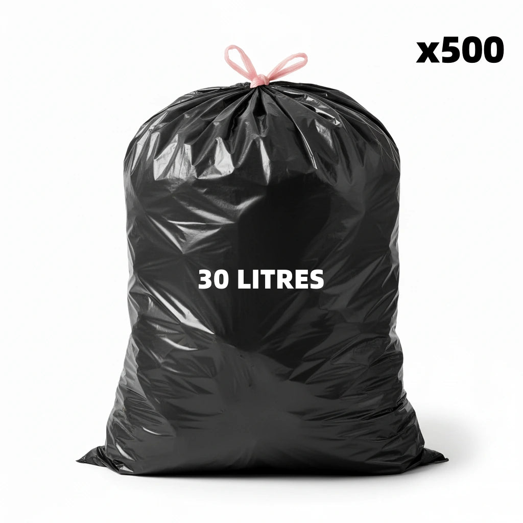 Sac poubelle à lien coulissant - 30L - Noir - 500 sacs - 23µ