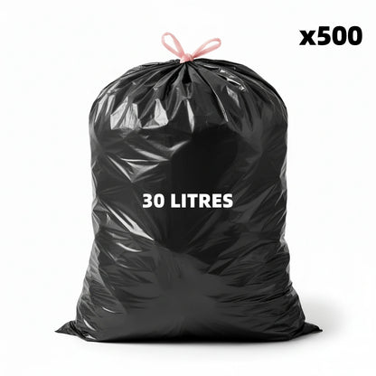 Sac poubelle à lien coulissant - 30L - Noir - 500 sacs - 23µ